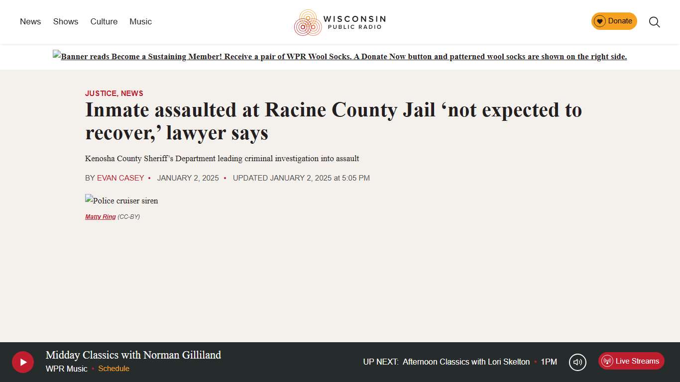 Inmate assaulted at Racine County Jail 'not expected to recover,' lawyer says - WPR